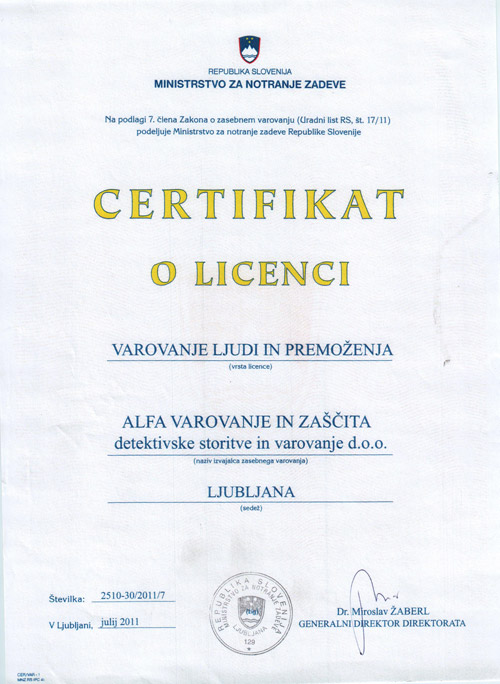 Licenca za varovanje ljudi in premo�enja